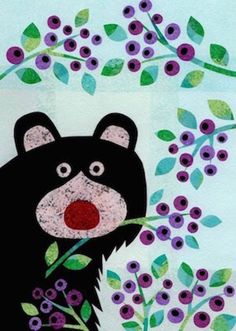 a painting of a black bear surrounded by purple flowers