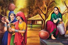 two women in colorful sari are talking to each other and one is holding a jug