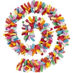 multicolored paper streamers are arranged in a spiral shape on a white background