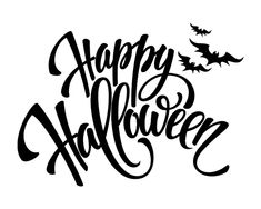 the words happy halloween written in black ink on a white background with bats flying around