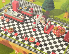 an aerial view of a restaurant with checkered tablecloths and red chairs on the floor