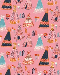 a pink background with teepees and flowers