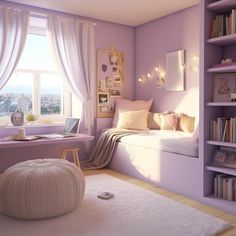 a bedroom with purple walls and lots of bookshelves in front of the window