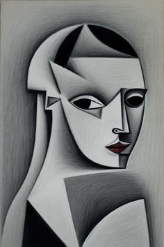 a black and white drawing of a woman's face with an abstract style background