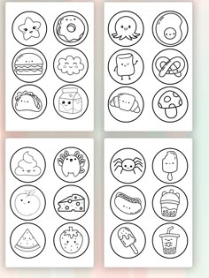 four coloring pages with different types of food