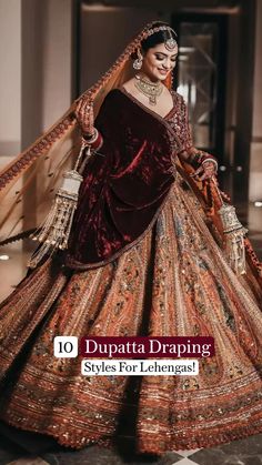 Lehenga Dupatta Draping Styles  Dupattas are undeniably an inevitable part of a bride's D-day look! While some brides pair their wedding lehenga with single dupatta, others do not mind some extra drapes. Double dupatta surely does look regal but just make sure it is comparatively less heavy than the main dupatta. Here are some of the best draping styles you can consider for the most auspicious day of your life for fabulous fuss free dupattas!  1)Carry It From Behind:  This is a lovely style for the wedding day, and very modern if you just want to take one dupatta and show off that stunning blouse and your waist. Just pin it on top of the head and bring it forward on the arms and chest   • Pc: gautamkhullarphotography   2)A Criss-Cross Style Drape  New trend alert! This criss cross belte Double Dupatta, Dupatta Draping Styles, Dupatta Draping, Latest Bridal Lehenga Designs, Draping Styles, Bridal Lehenga Designs, Lehenga Dupatta, Latest Bridal Lehenga, Wedding Lehenga Designs