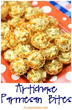 artichoke parmesan bites on a red plate with polka dot tablecloth