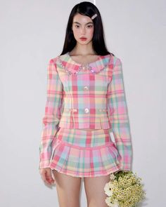 RUNRUNSWEET ORIGINAL COLOR PLAID JACKET SET Pink Plaid Dress Outfit, Crossroads Aesthetic, Jacket Closet, Plaid Dress Outfit, Pink Plaid Dress, Dressy Casual Outfits, Barbie Dress Fashion, Chongqing, Plaid Jacket