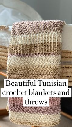 a close up of a towel on a chair with text overlay reading beautiful turkish crochet blankets and throws