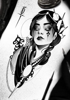 a woman's face is shown in this black and white tattoo art design on the back of her stomach