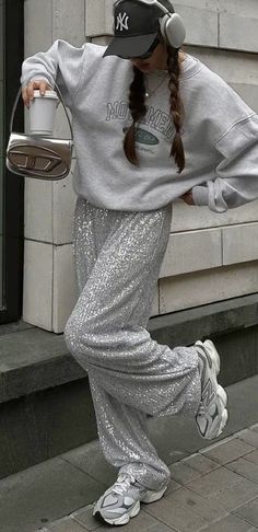 Trendy Silver Pants For Spring, Casual Party Pants With Sequins, Silver Party Pants For Spring, Trendy Silver Party Pants, Trendy Silver Party Bottoms, Luxury Party Outfit, Party Outfit Trousers, Sequin Jogger Pants, Junior Pants