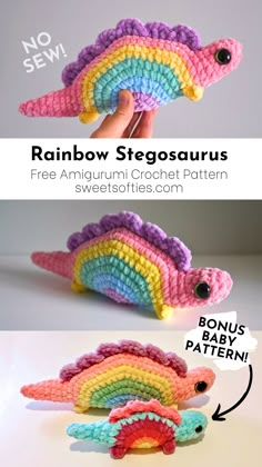 rainbow stagosauruss are made from crochet and yarn