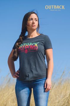 Show your Outback love with our Alba Tee! This soft tee features a beautiful sunset branded Outback logo on the front that pops out from its gray base. Not only does this top look great, but it is also machine washable too! Lightweight Shorts, Formal Style, Beautiful Sunset, Looks Great, Tee Shirts