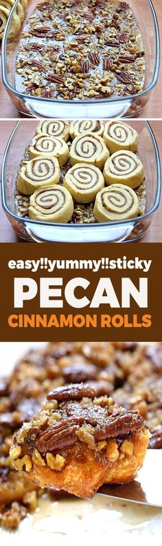 several different types of pastries are shown in this collage with the words pecan cinnamon rolls