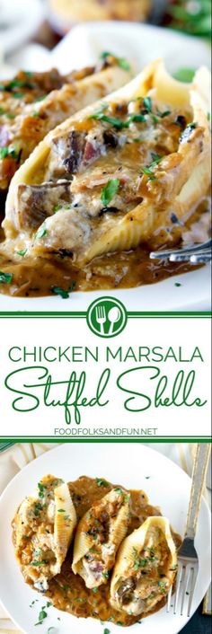 chicken marsala stuffed shells on a white plate with a fork and green text overlay that says chicken marsala stuffed shells