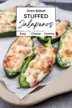 stuffed jalapenos on a plate with the title overlay reads oven baked stuffed jalapenos easy and cheesy yummy