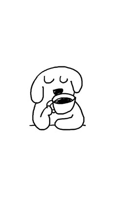 a black and white drawing of a dog drinking from a cup with its eyes closed