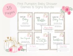 pink pumpkin baby shower games and signs bundle with free printables for the whole package