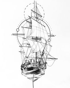 a black and white drawing of a ship