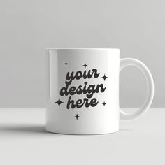 a white coffee mug with the words your design here printed on it and stars in black