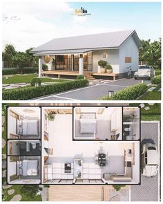 the floor plan for a small house with two beds and an attached bathroom, living room and dining area