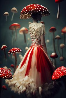 Mushroom Fashion Aesthetic, Nature Inspired Dress, Mushroom Dress, Red Mushroom, Fairytale Fashion, Fairy Dresses, Fantasy Dresses