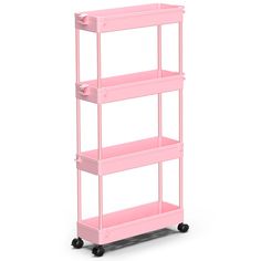 a pink shelf with three shelves on wheels