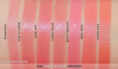 MAC Peach & Coral Lipstick Collection Swatches – Glam Radar Mac Coral Bliss, Coral Pink Lipstick, Mac Lipstick Swatches, Lipstick Tattoos, Peach Lipstick, Coral Lipstick, Mac Lips, Natural Lipstick, Lip Swatches