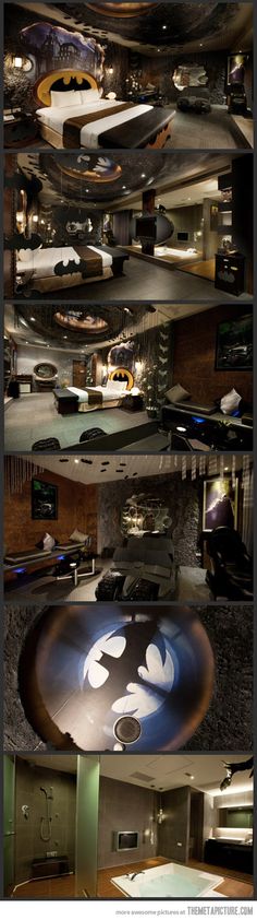 multiple images of the interior of a building with lights and mirrors on each side of the room