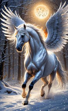 a white horse with wings is running through the snow