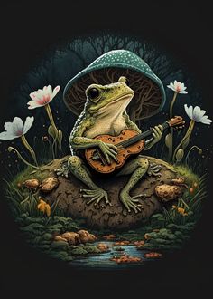 a frog sitting on top of a rock with a guitar