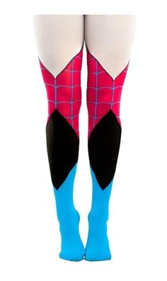 the legs of a woman wearing blue and pink spider - man socks with black accents