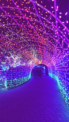 the walkway is covered in colorful lights