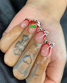 Cherry Inspo Nails, Cherry Duck Nails, Cheetah Print Cherry Nails, Cheetah Print Red Nails, Cheetah Duck Nails, Cherry Cheetah Nails, Cheetah And Cherry Nails, Cheetah Print Nails With Cherry, Cheetah Print Duck Nails