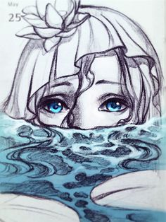 a drawing of a girl with blue eyes in the water