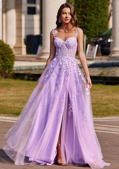 A-line V Neck Sleeveless Sweep Train Tulle Prom Dress with Beading Lace S7526P - Prom Dresses - Stacees Purple Dresses For Homecoming, Prom Dress Junior Year, Cute Prom Dresses Purple, Mermaid Grad Dresses, Prom Dresses For Enchanted Forest Theme, Lavender Grad Dresses, Repunzel Prom Dresses, Purple Rapunzel Prom Dress, Lavender Mermaid Prom Dress