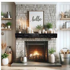 a living room with a fire place and some candles on the fireplace mantels