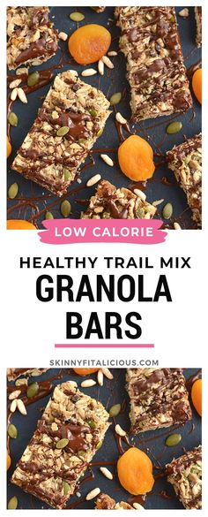 healthy trail mix granola bars with oranges and almonds on top, in front of