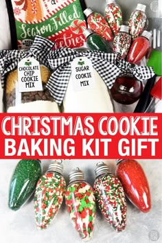 christmas cookie baking kit gift in a box with text overlay that says christmas cookie baking kit