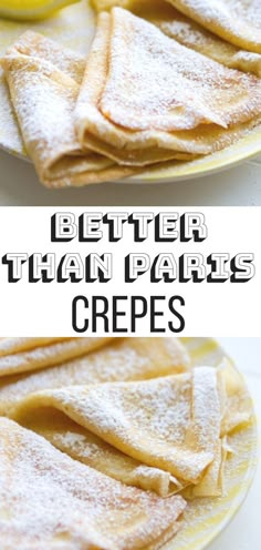 two plates filled with crepes covered in powdered sugar