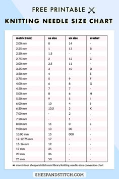 the free printable knitting needle size chart