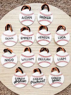 baseball name tags are arranged on a table