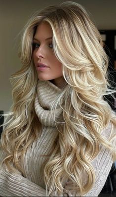 Long Blonde Color Ideas, Big Southern Curls, Long Blonde Hair Side Part, Long Blonde Hair With Layers And Bangs, Blond Hair With Layers, Old Money Blonde Medium Length, Hairstyles Long Blonde Hair, Long Blonde Layered Hair, Super Long Hair With Layers