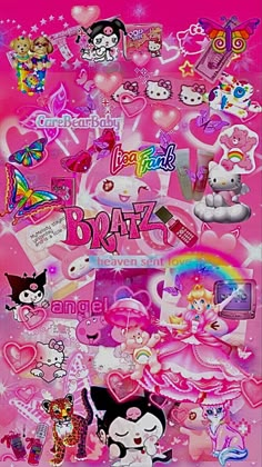 a pink poster with lots of cartoon characters on it's back ground and hearts