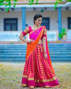 Pink Outfit For The Pellikuthuru Ceremony    #bride #indianbride #shaadisaga #allthingsbridal  #bridaloutfit  #lehenga #bridallehenga #lehengagoals  #bridalaccessories #pinklehenga #southindian Langa Voni Poses, Saree Lehenga Designs, South Indian Half Saree, Lehenga Shoot, Celebrity Accessories, Indian Half Saree, Lehenga Poses