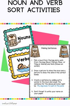 two posters with words and pictures on them to help students learn how to use the verbs