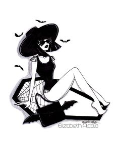 a drawing of a woman sitting on the ground wearing a hat and stockings with bats flying around