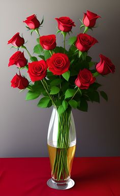 a vase filled with red roses on top of a table