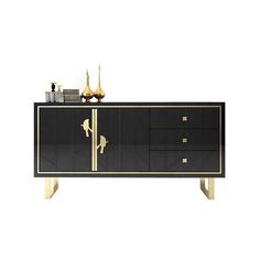 a black and gold sideboard with drawers