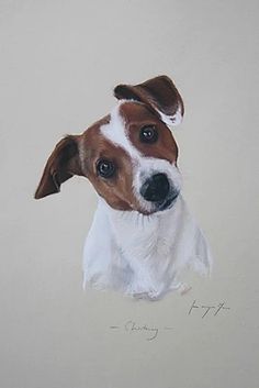 a painting of a brown and white dog looking at the camera with one eye open